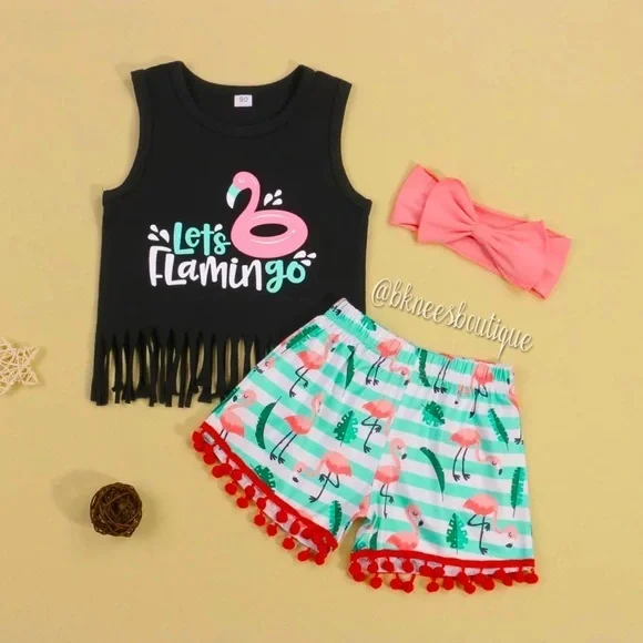 Toddler Girl Celebrate Fun Flamingo Toddler Girl Tassel Matching Boutique Set - Picture 1 of 3